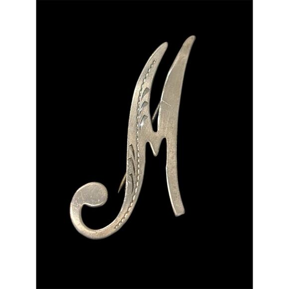 Vtg MCM Script Initial M Sterling Brooch Etched Design 925 - Picture 1 of 6
